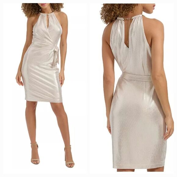 New KENSIE Women's (8) Champagne Gold Chain-neck Sleeveless Side-Tie Dress $128 - Picture 1 of 16
